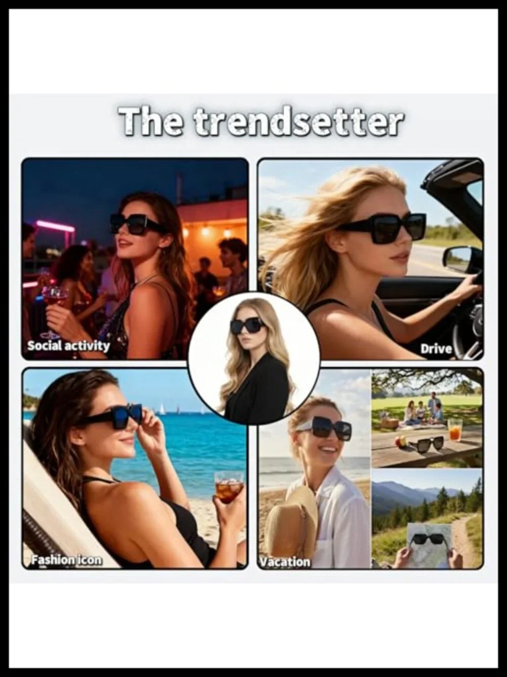 Oversized Square Sunglasses Retro UV Protection Black Frame Grey Lenses